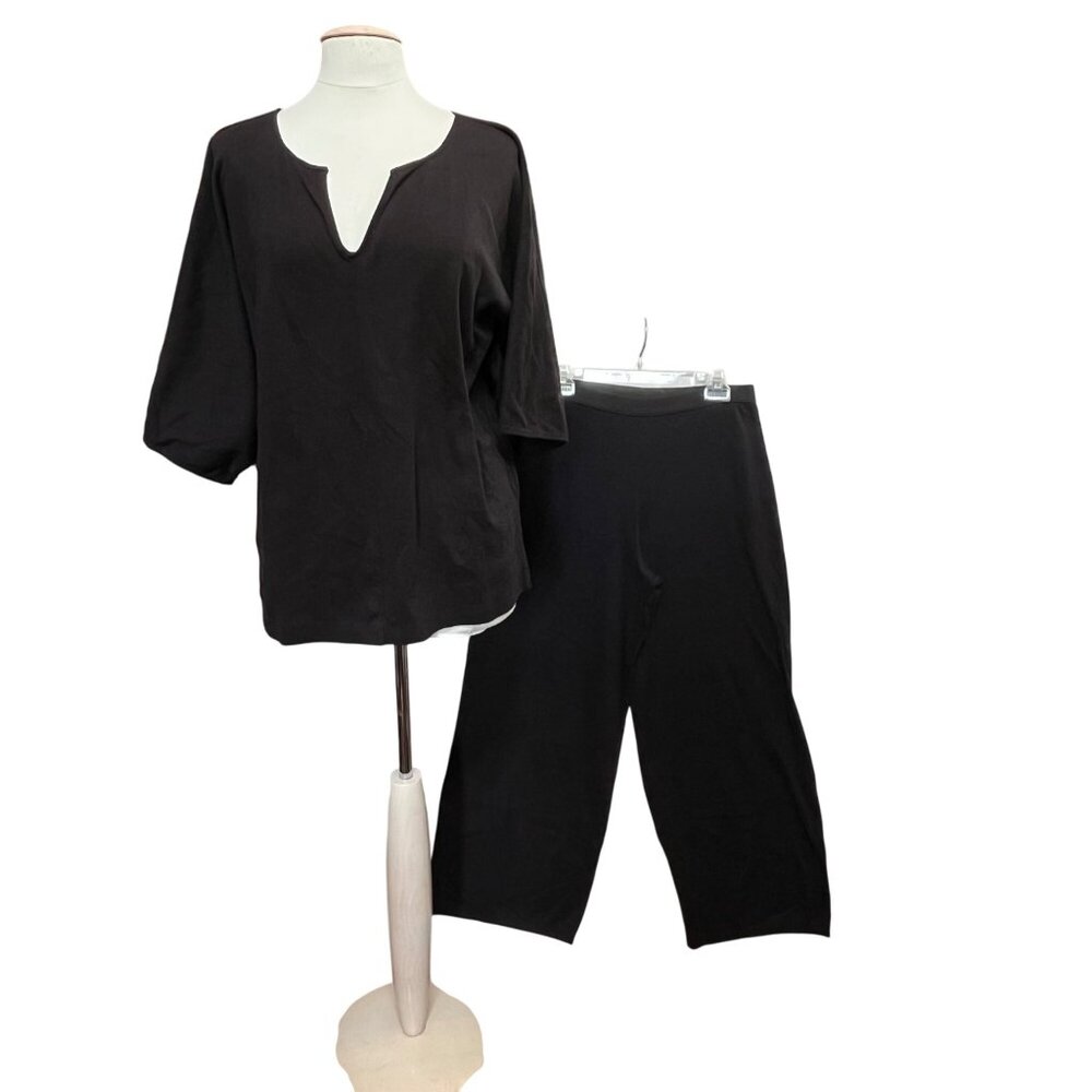 Joan Vass Black‎ 2-Piece Set Top Wide Leg Crop Pants Cotton Knit Size 2 / 12-14